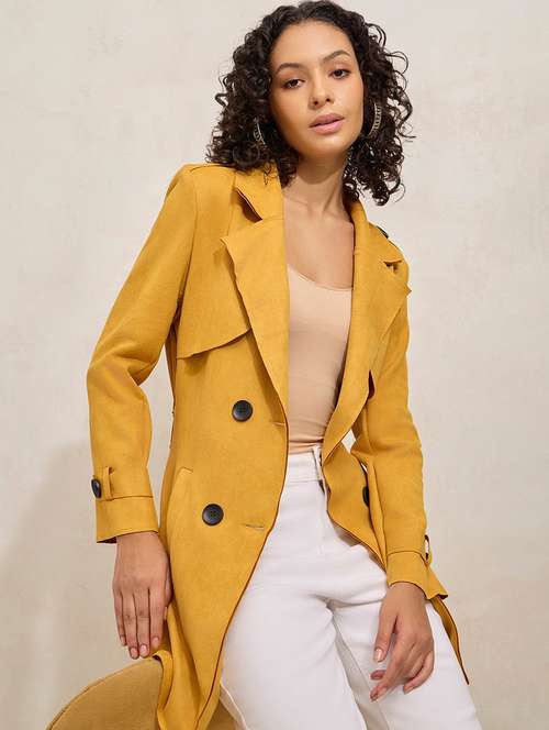 women solid notch lapel long sleeve trench coat