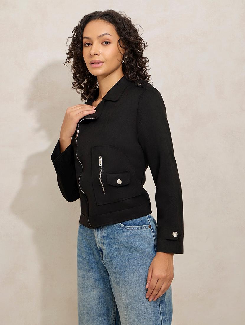 women solid long sleeve biker jacket - 21941878 - Standard Image - 3