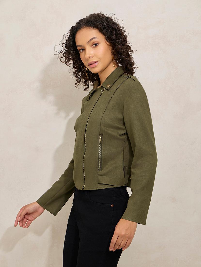 women solid long sleeve biker jacket - 21941881 - Standard Image - 3