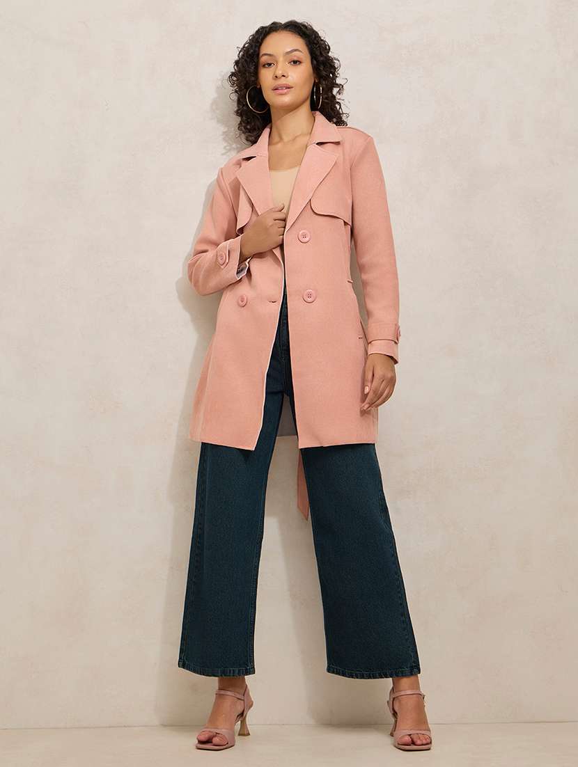 women solid notch lapel long sleeve trench coat - 21941883 -  Standard Image - 5