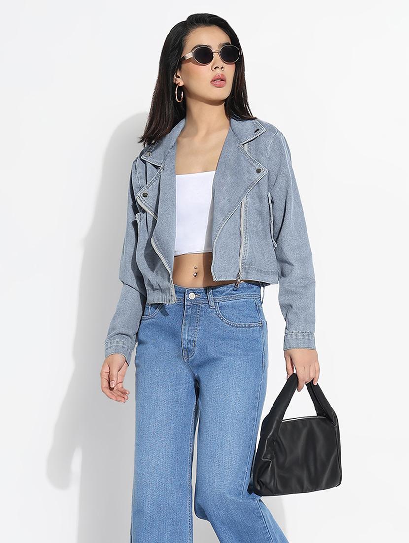 women solid long sleeve cropdenim jacket - 21941890 - Standard Image - 5