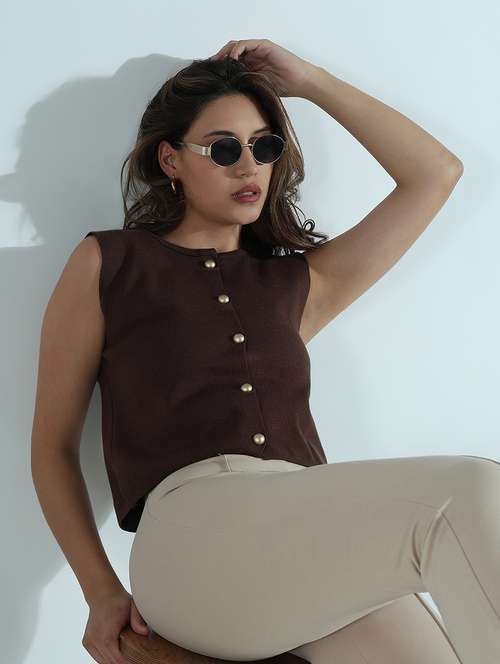 women brown solid sleveeless vest top - 21941902 -  Standard Image - 0