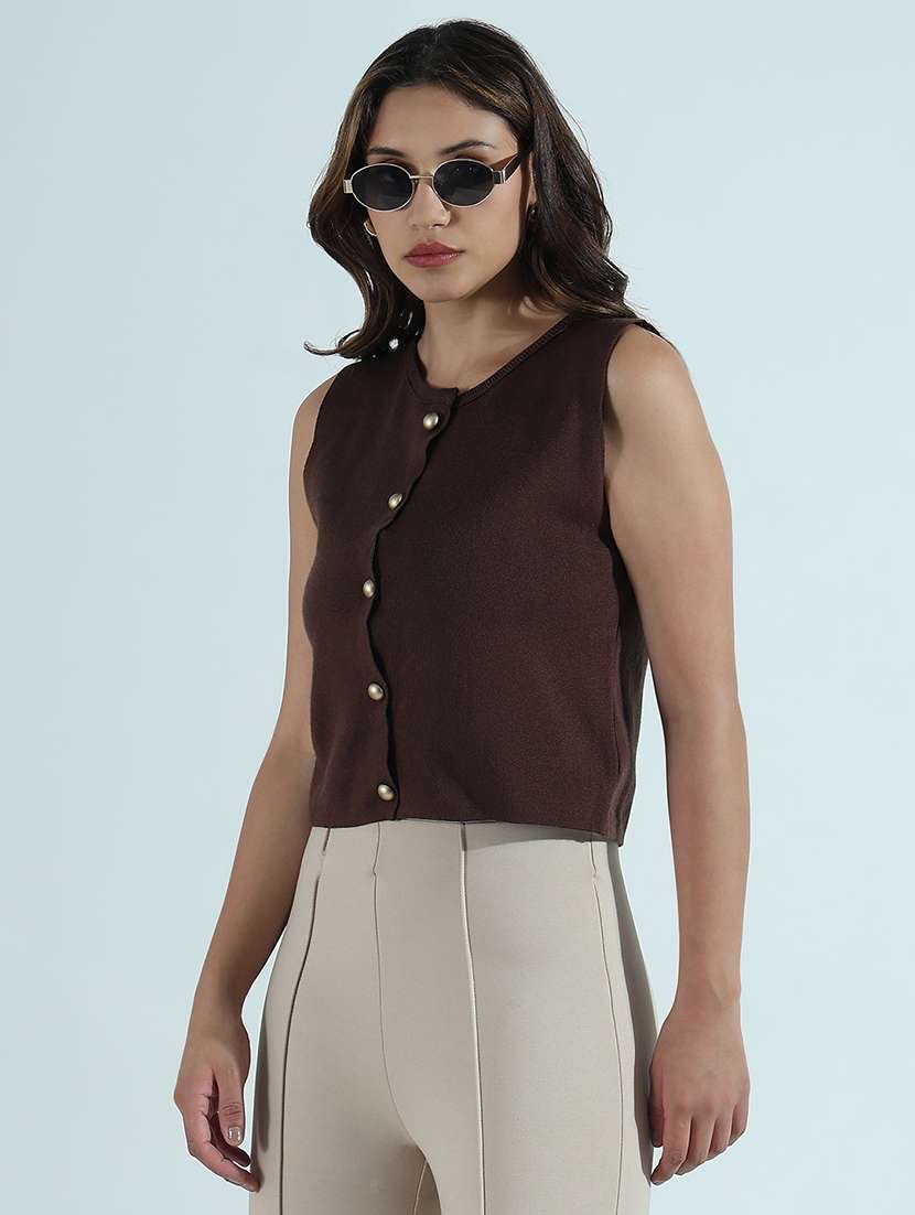 women brown solid sleveeless vest top - 21941902 -  Standard Image - 3