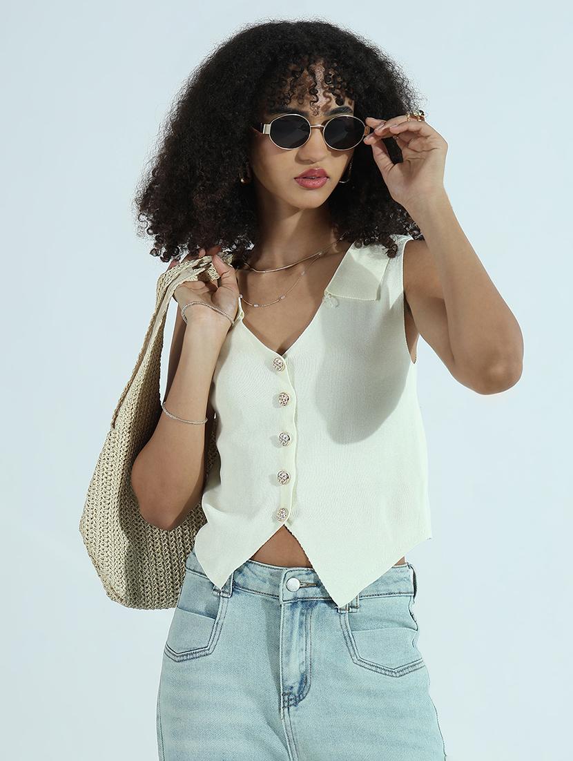 women white collared sleeveless vest top - 21941903 -  Zoom Image - 0