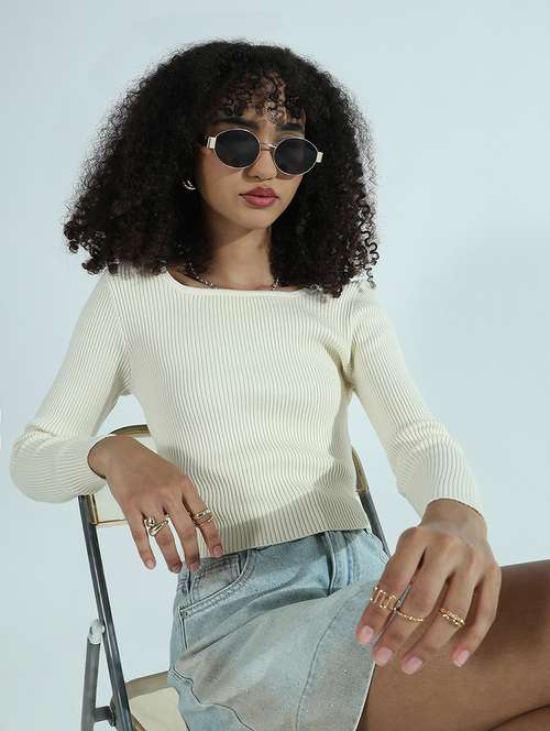 women solid long sleeve crop regular top