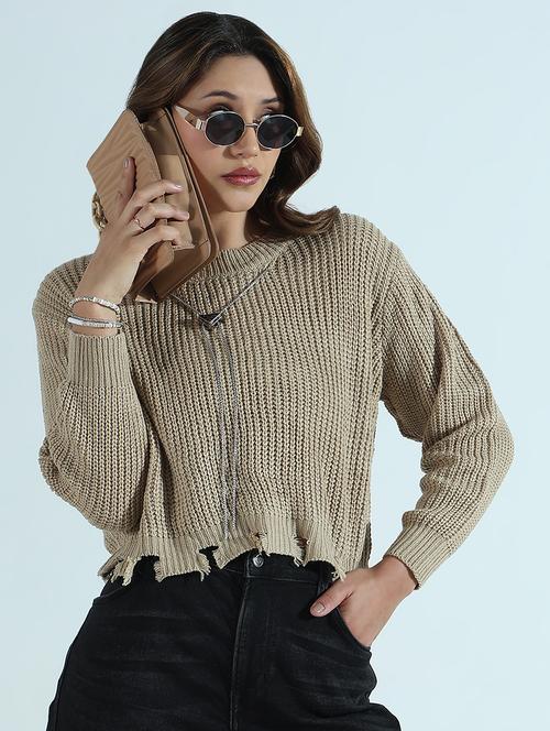 women solid long sleeve ripped crop pullover - 21941915 -  Standard Image - 0