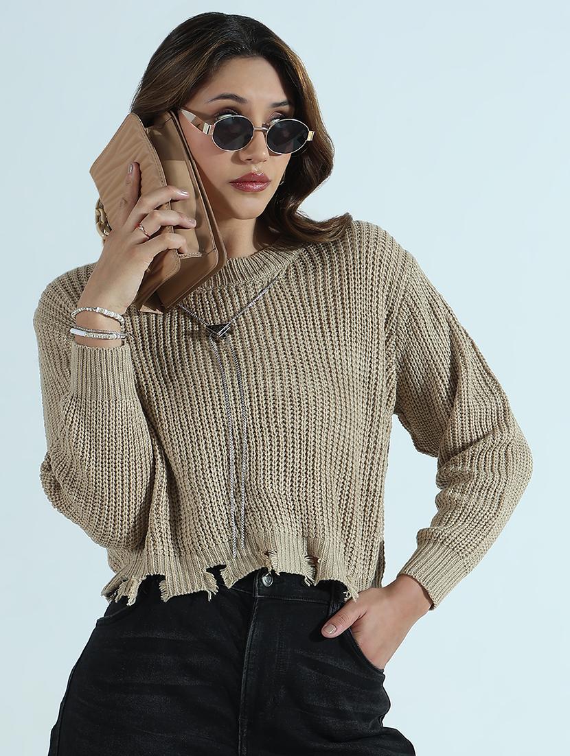 women solid long sleeve ripped crop pullover - 21941915 -  Zoom Image - 0