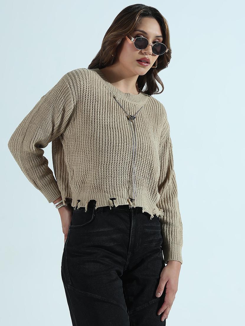women solid long sleeve ripped crop pullover - 21941915 - Standard Image - 3