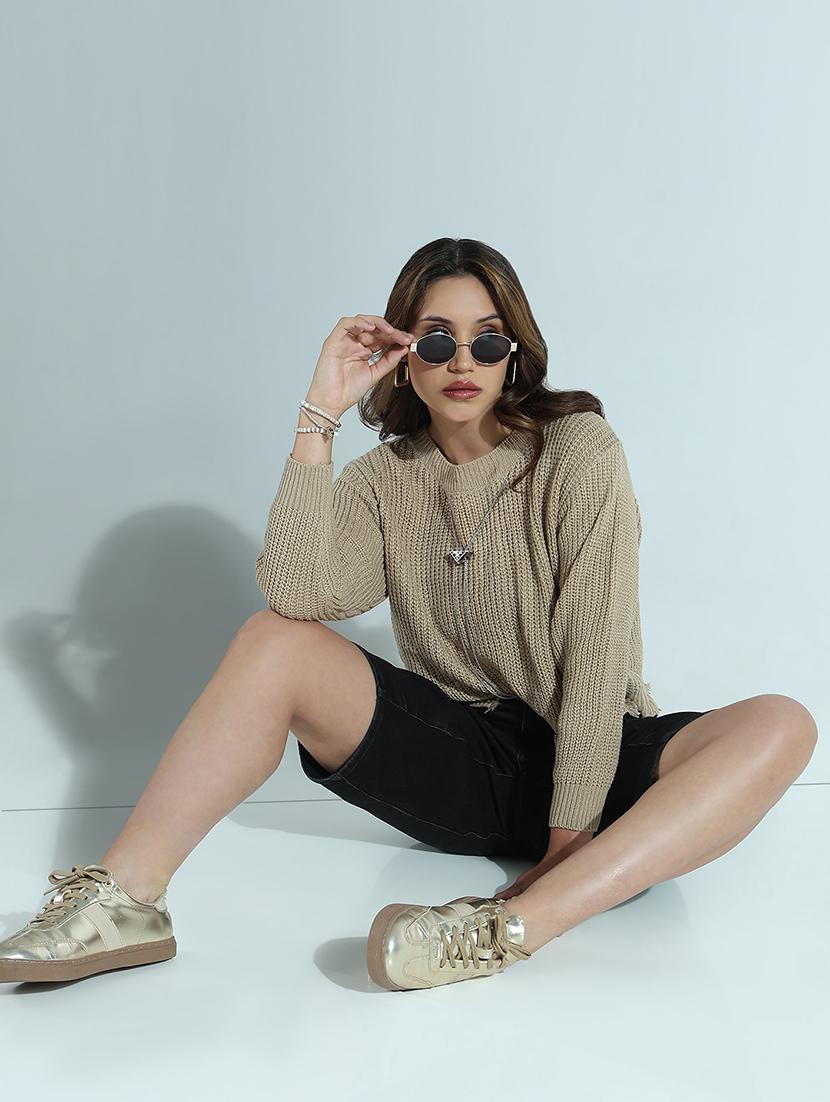 women solid long sleeve ripped crop pullover - 21941915 - Standard Image - 5