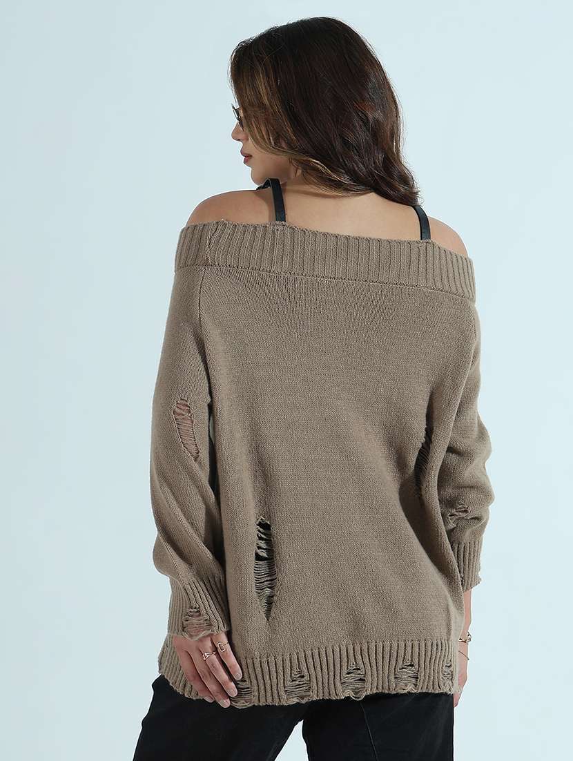 Wome Printed Off Shoulder Ripped Pullover