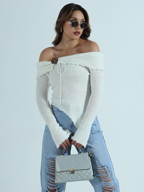 women solid off shoulder long sleeve top - 21941918 - Standard Image - 0