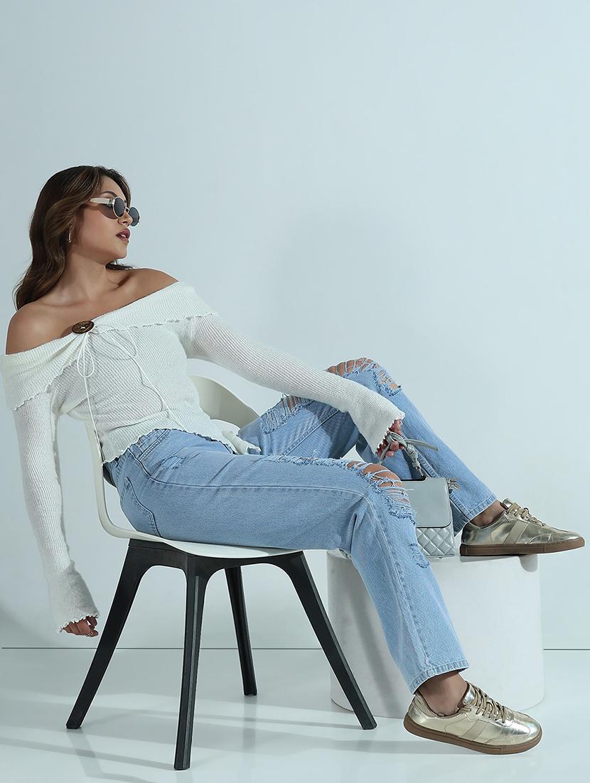 women solid off shoulder long sleeve top - 21941918 - Standard Image - 5