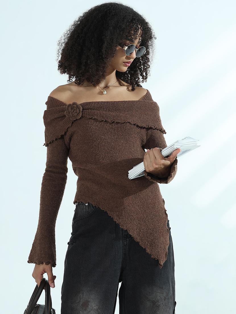 women solid off shoulder long sleeve top - 21941919 - Zoom Image - 0
