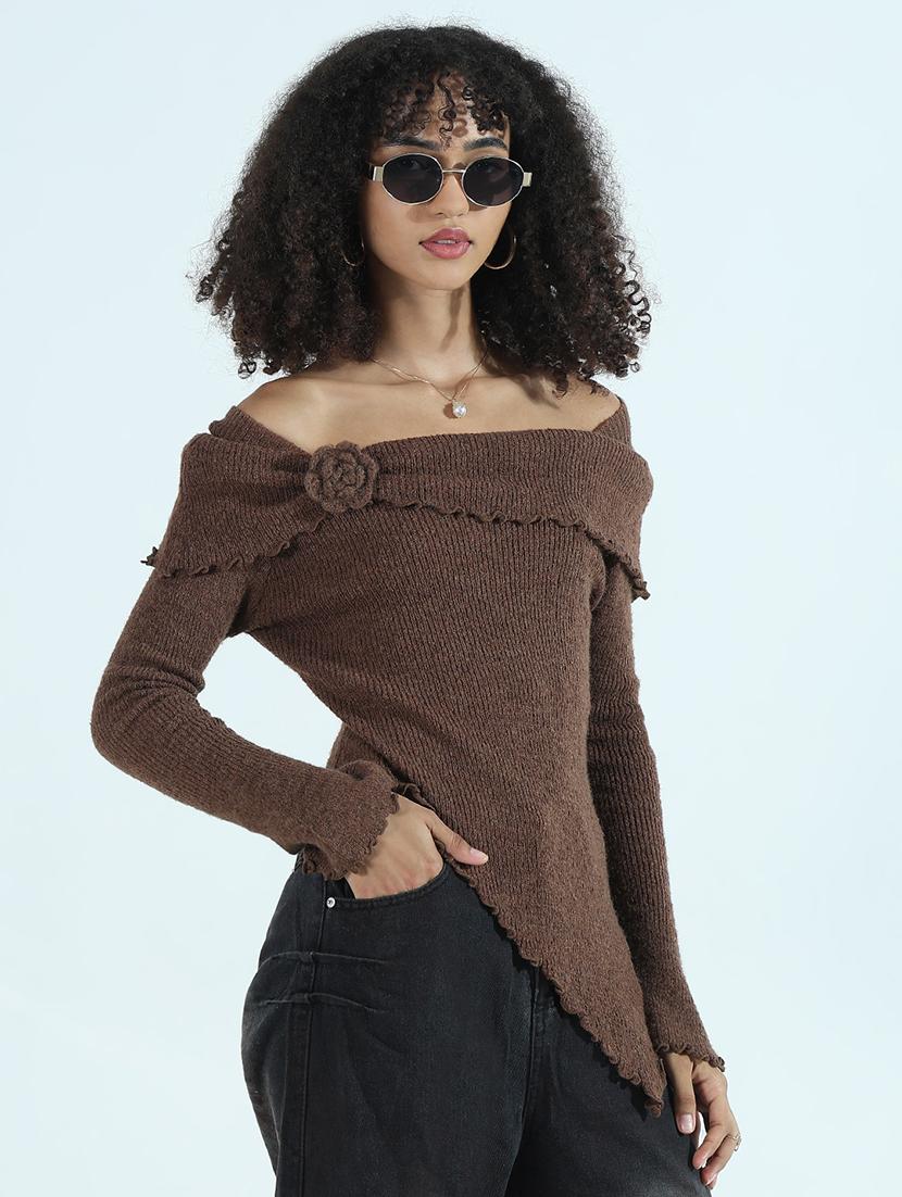 women solid off shoulder long sleeve top - 21941919 - Standard Image - 3