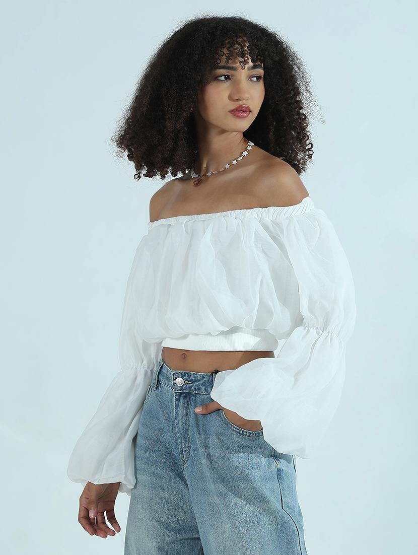 white off-shoulder bell sleeves party wear top - 21941923 - Standard Image - 3