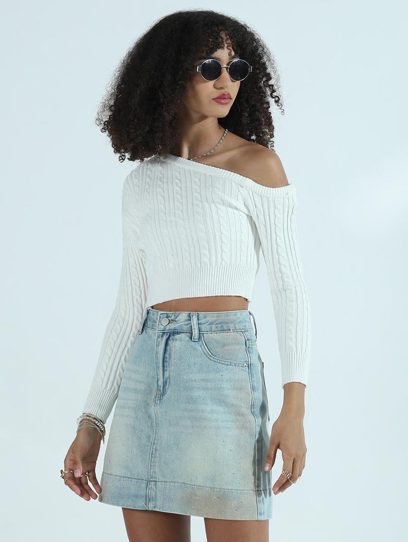 women solid long sleeve asymmetric neck crop top - 21941928 - Standard Image - 3