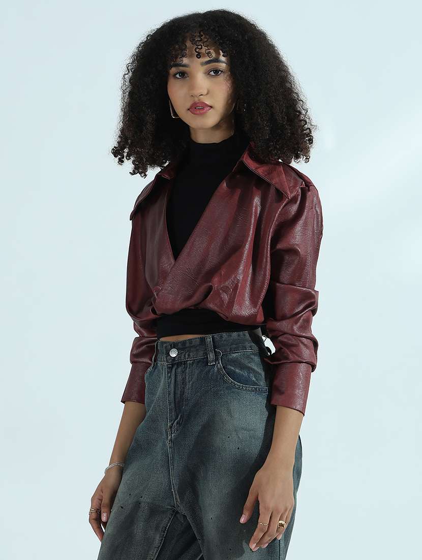 women maroon solid fux leather crop shirt top - 21941930 -  Standard Image - 3