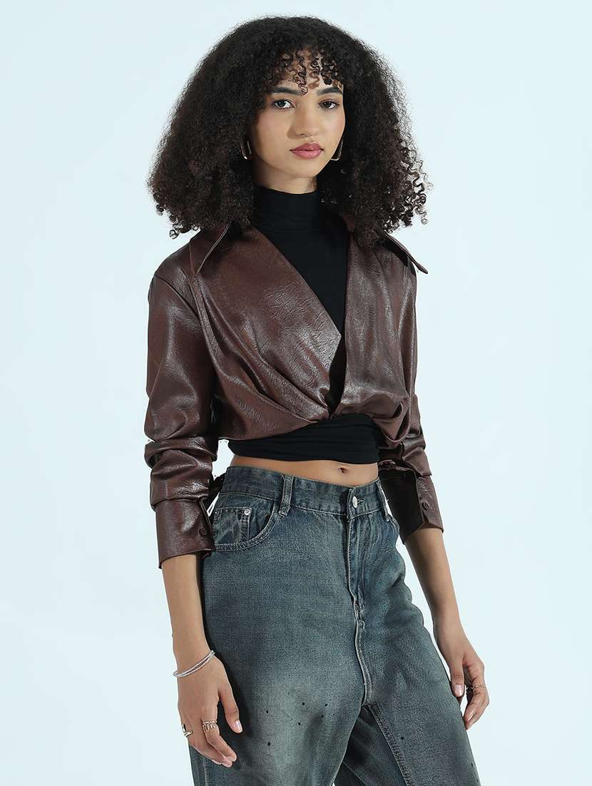 women brown solid faux leather crop shirt top - 21941931 -  Standard Image - 3