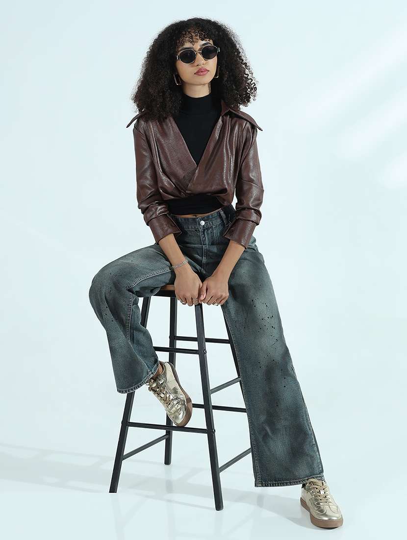 women brown solid faux leather crop shirt top - 21941931 -  Standard Image - 5