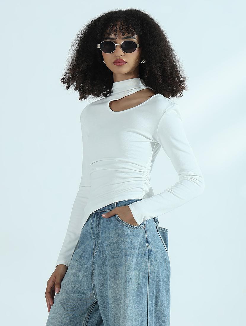 women solid long sleeve cut out asymmetric top - 21941933 - Standard Image - 3