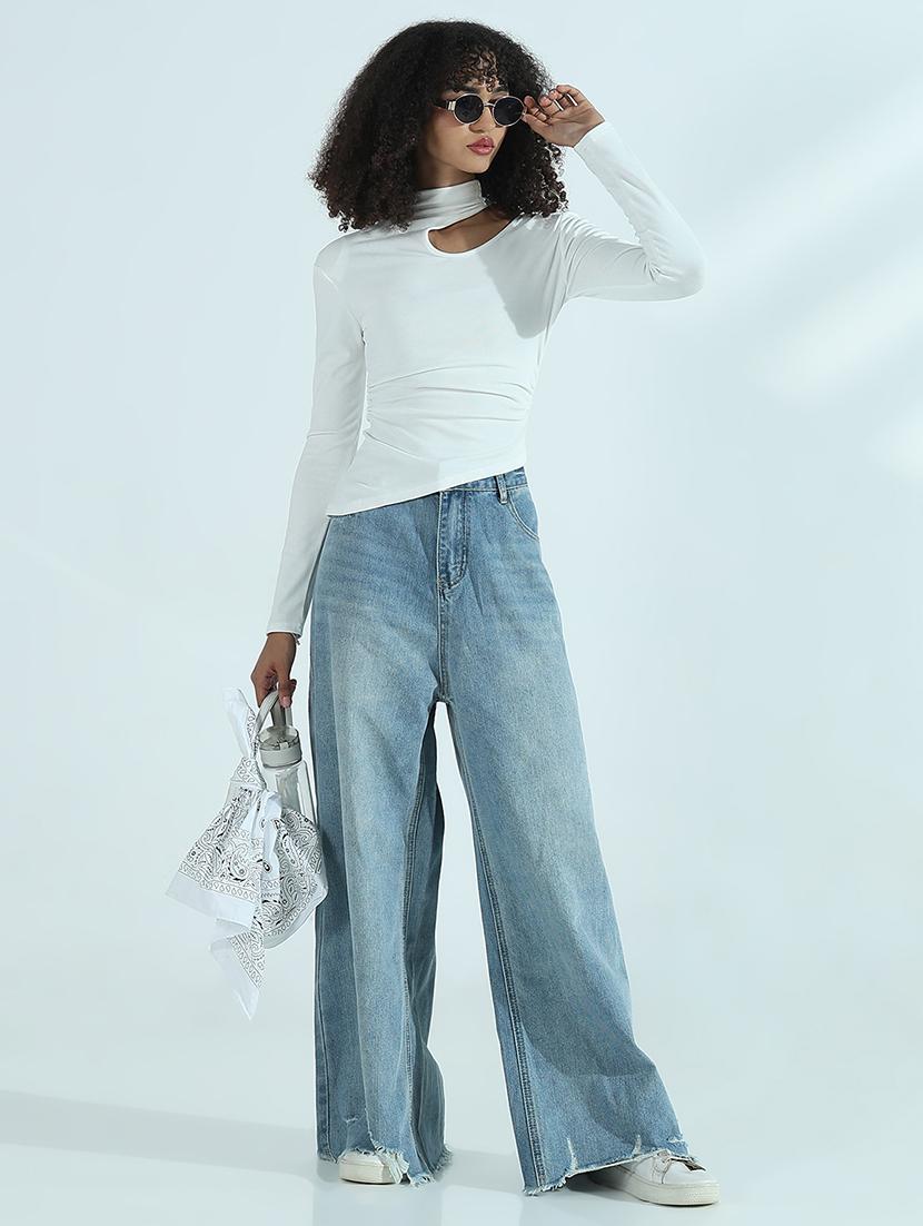women solid long sleeve cut out asymmetric top - 21941933 - Standard Image - 5