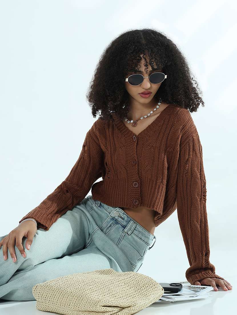 women brown solid long sleeve crop cardigan - 21941935 -  Zoom Image - 0