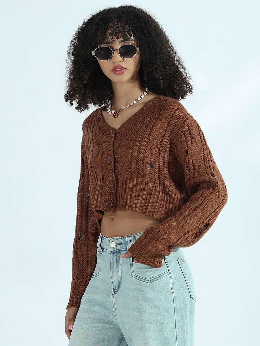 women brown solid long sleeve crop cardigan - 21941935 - Standard Image - 3