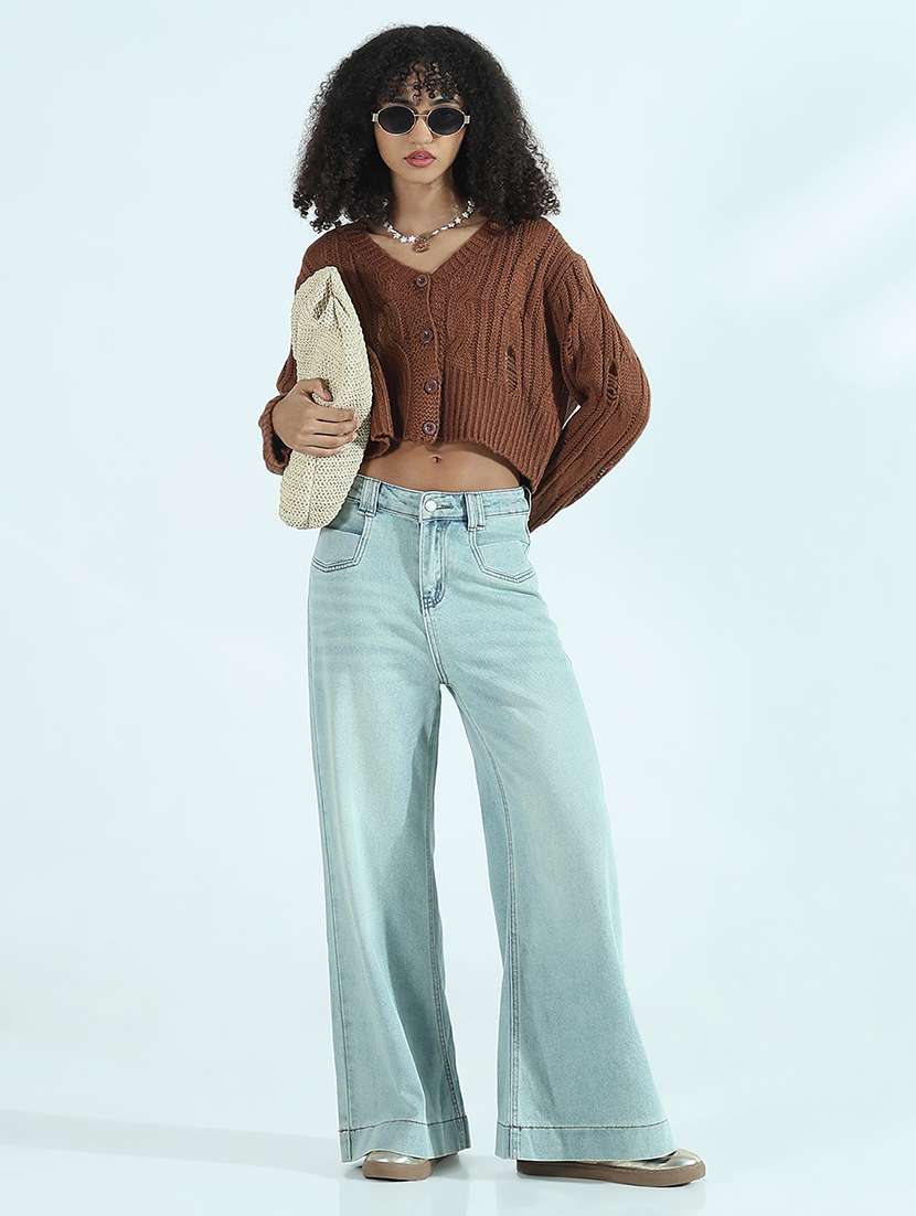 women brown solid long sleeve crop cardigan - 21941935 - Standard Image - 5