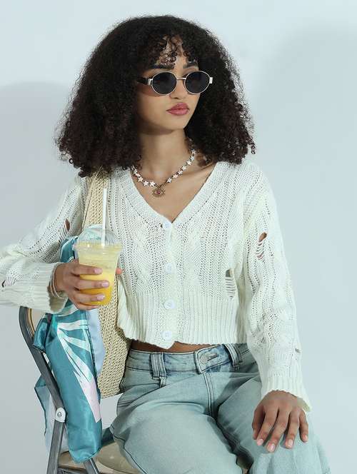 women white solid long sleeve crop cardigan - 21941936 - Standard Image - 0