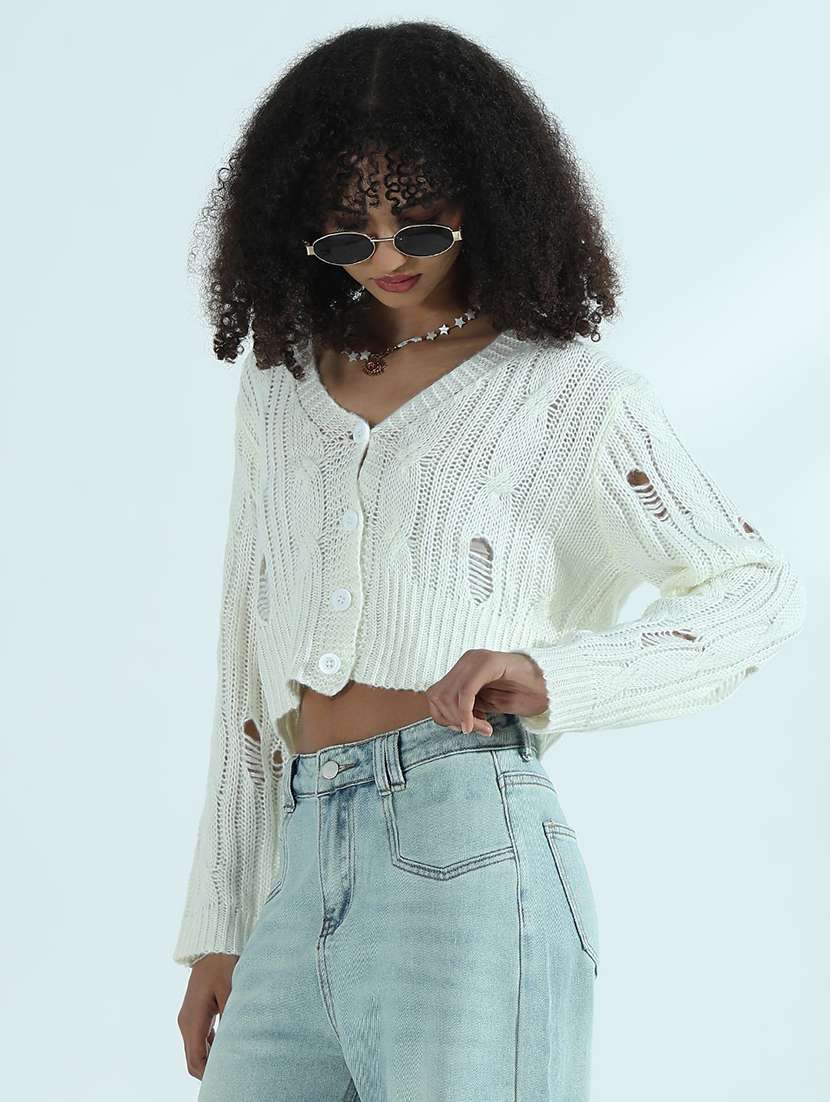 women white solid long sleeve crop cardigan - 21941936 - Standard Image - 3