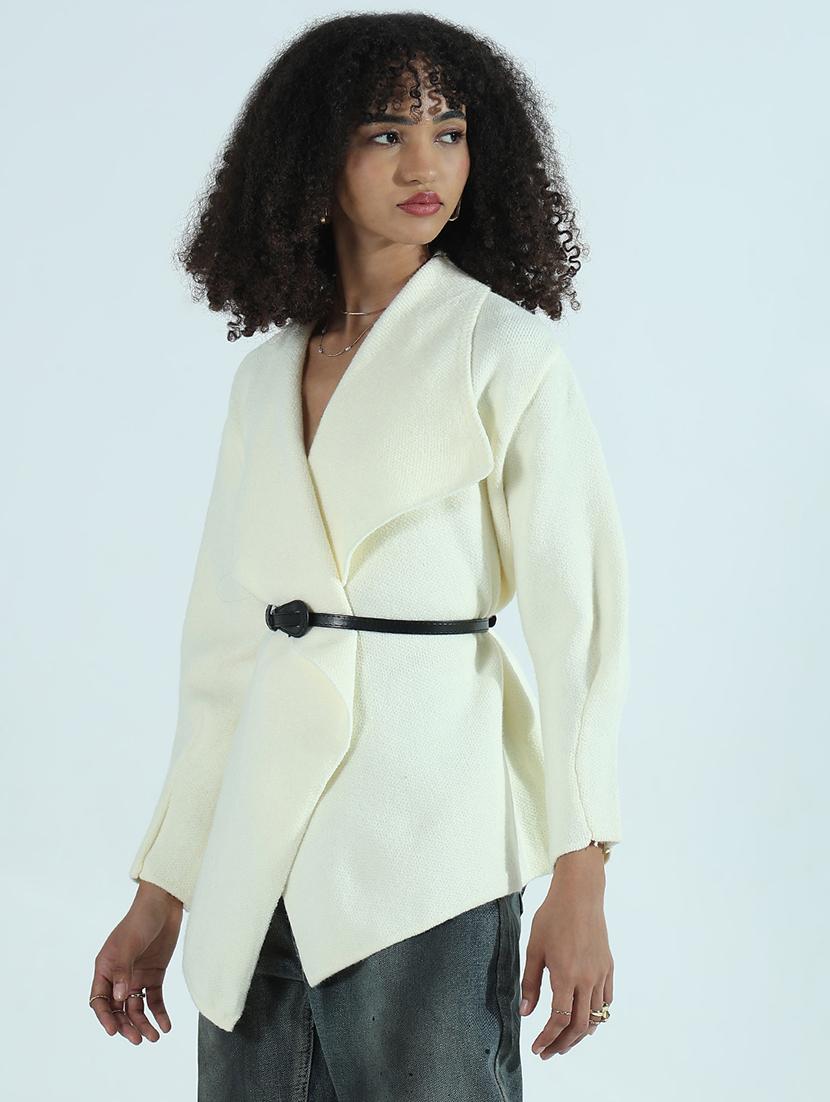 women cream solid long sleeve wrap cardigan - 21941937 - Standard Image - 3