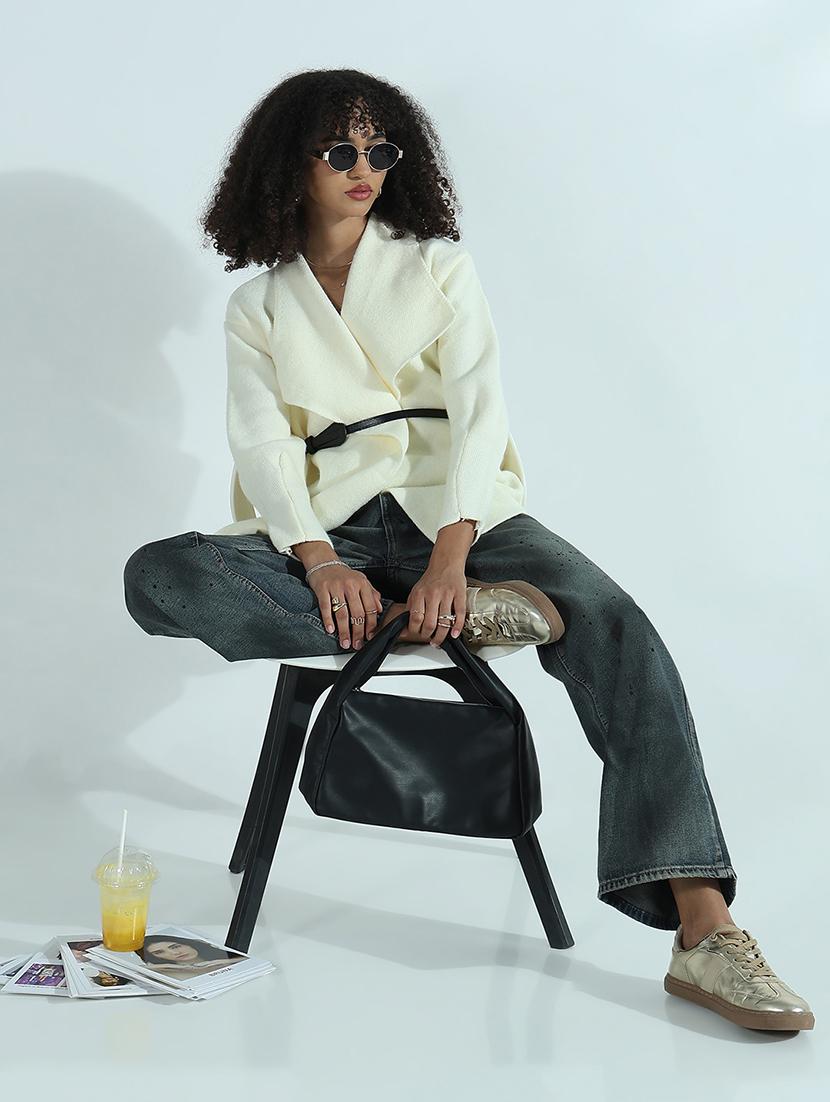 women cream solid long sleeve wrap cardigan - 21941937 - Standard Image - 5