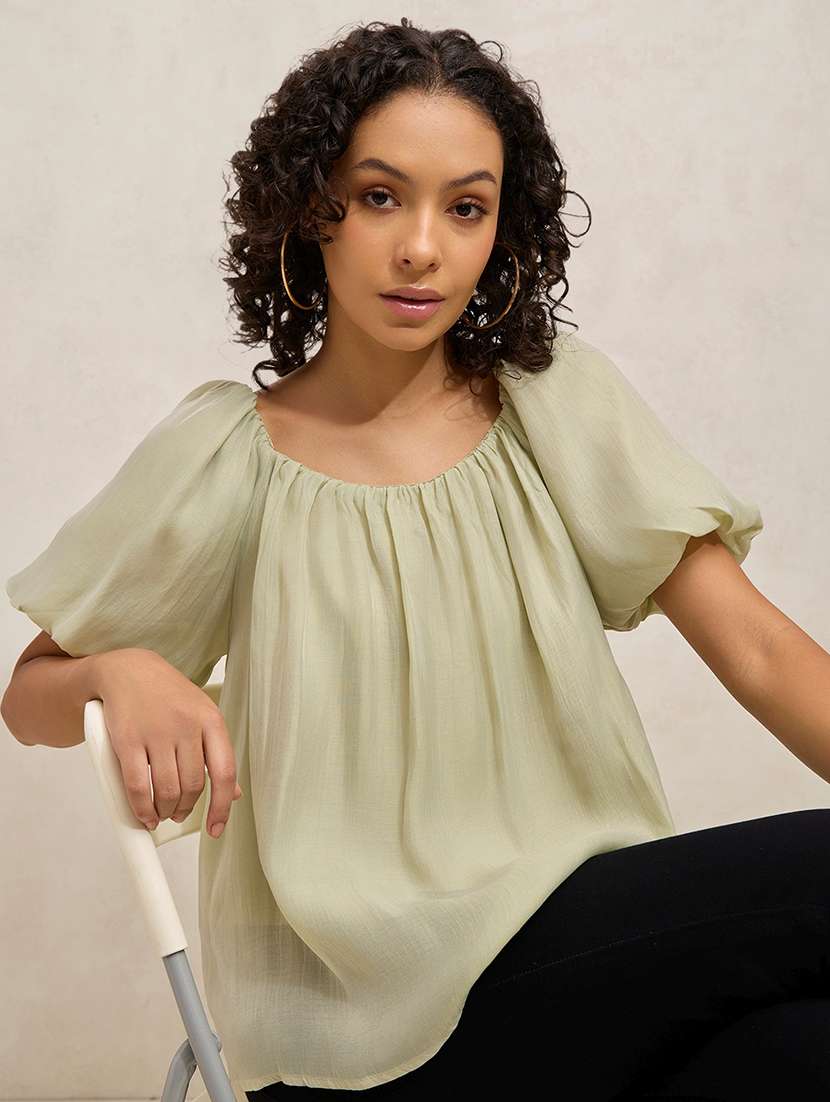 women solid puff sleeve a-line top