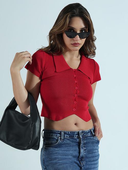 women solid collared short sleeves crop top - 21941948 - Standard Image - 0