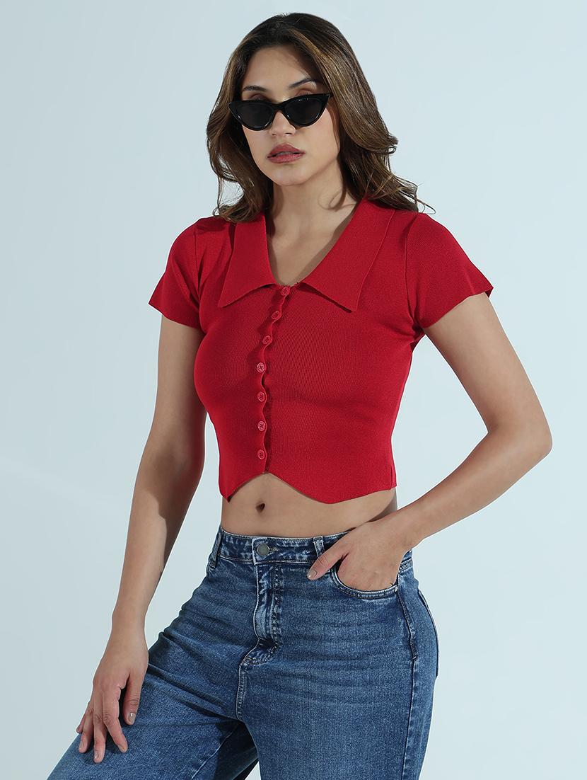 women solid collared short sleeves crop top - 21941948 - Standard Image - 3