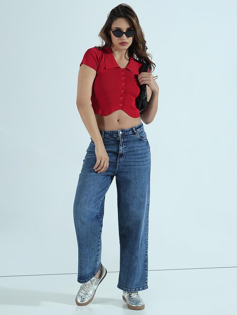 women solid collared short sleeves crop top - 21941948 - Standard Image - 5