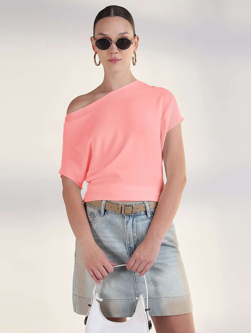 women pink solid boat neck regular top