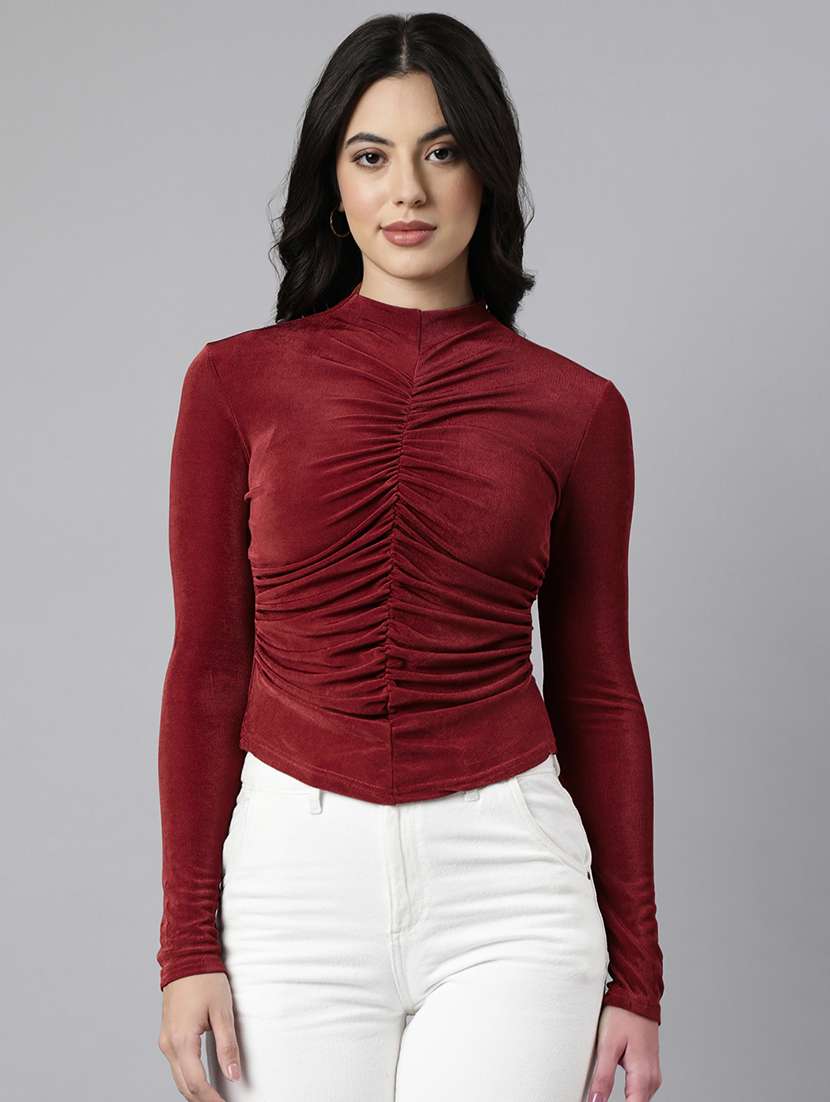maroon ruched velvet full sleeves fitted top