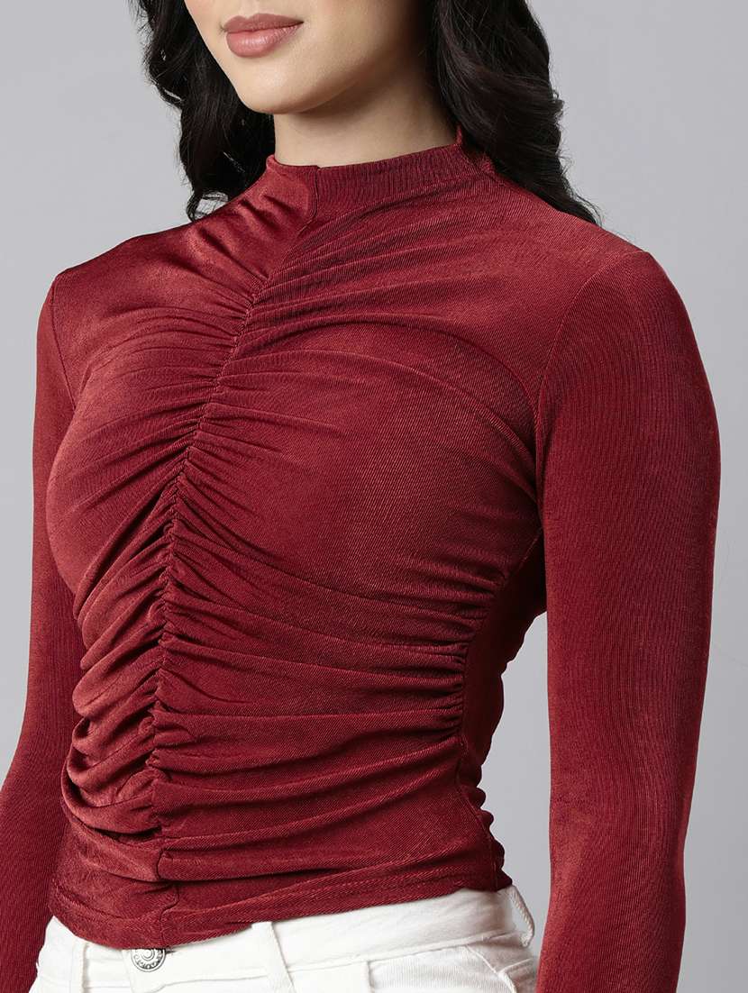 maroon ruched velvet full sleeves fitted top - 21941954 -  Standard Image - 3