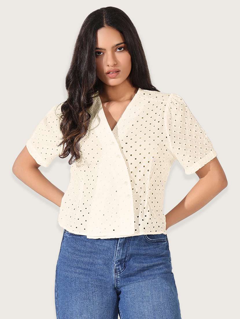 women cream solid short sleeve wrap top - 21941959 -  Zoom Image - 0