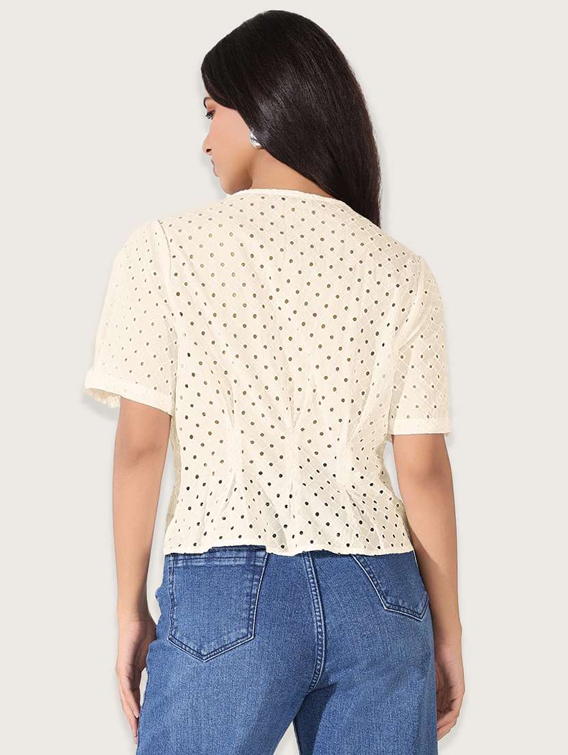 women cream solid short sleeve wrap top - 21941959 - Standard Image - 3