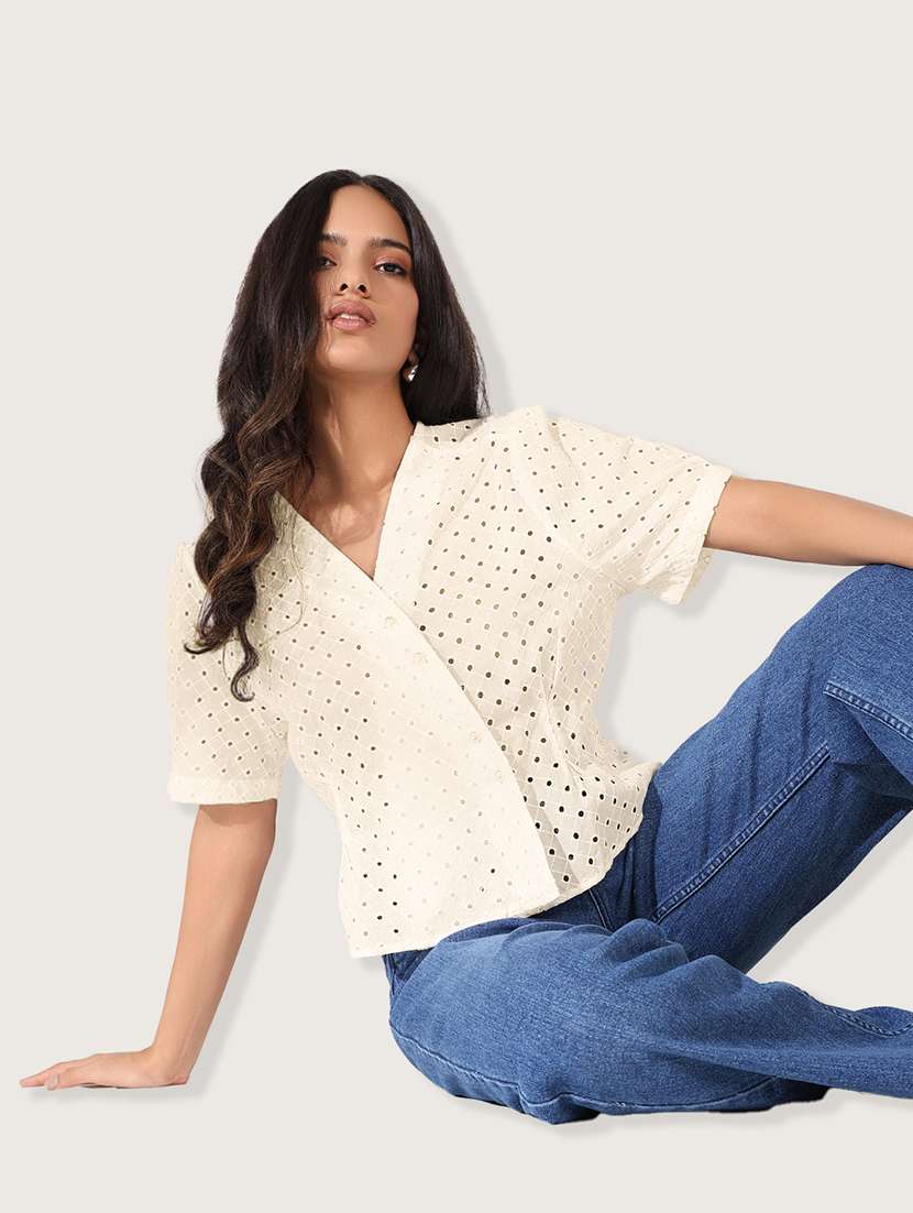 women cream solid short sleeve wrap top - 21941959 - Standard Image - 5