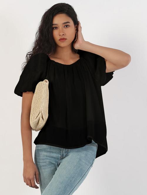 women black solid puff sleeve regular top - 21941961 - Standard Image - 0