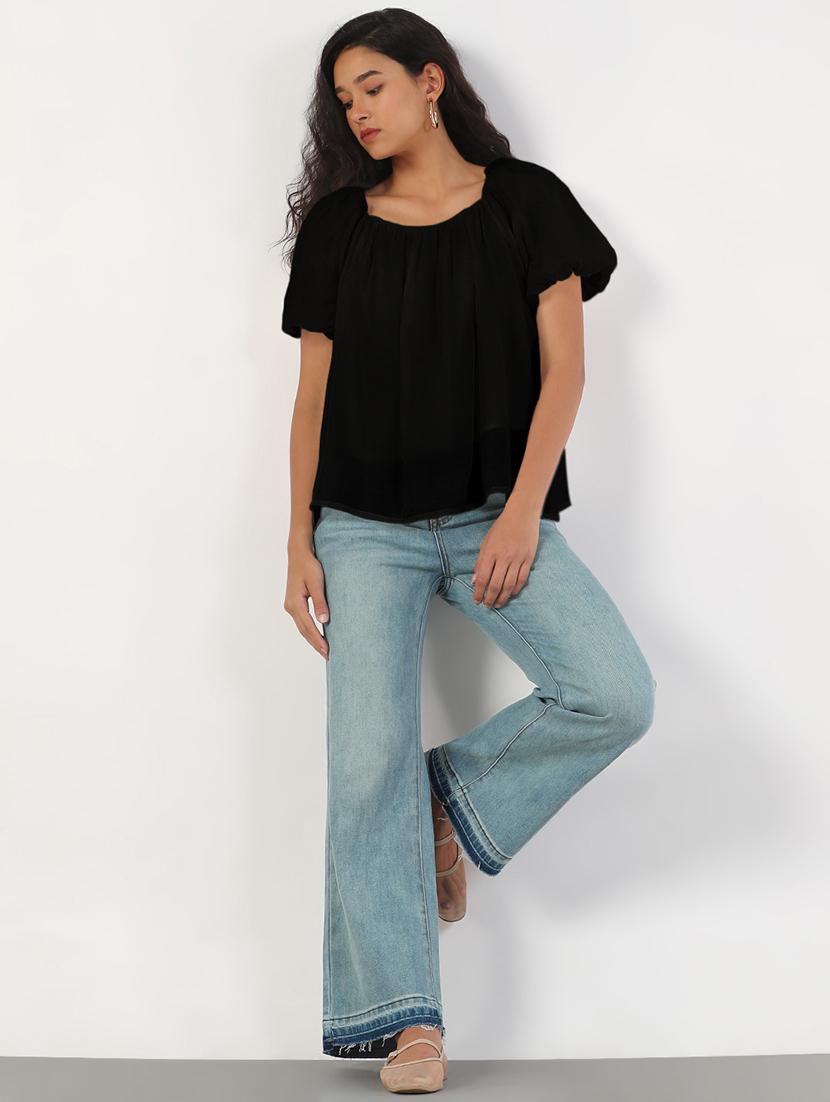 women black solid puff sleeve regular top - 21941961 - Standard Image - 5