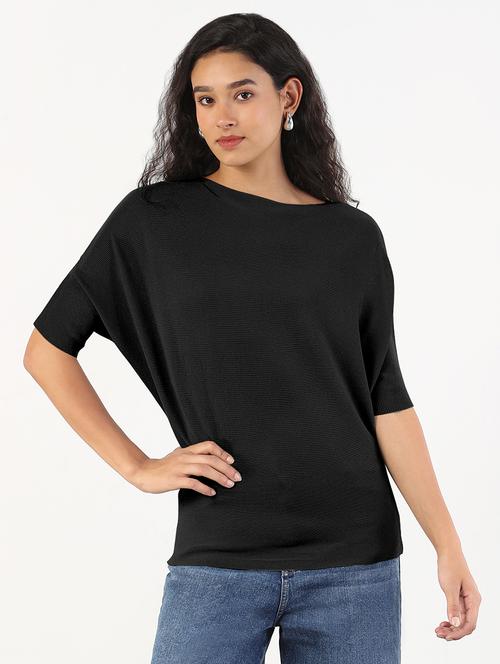 women balck solid batwing sleeve regular top - 21941962 - Standard Image - 0