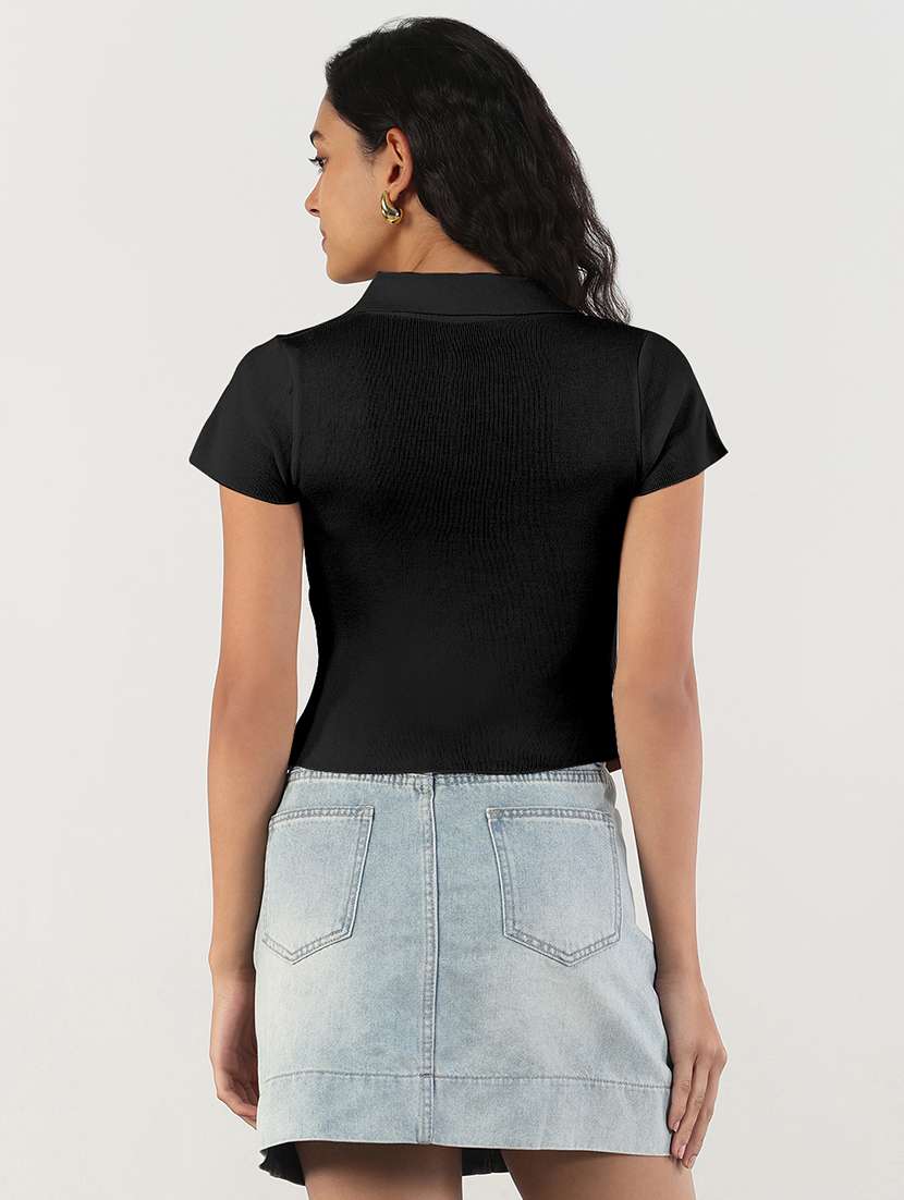 women black solid collared crop top - 21941965 -  Standard Image - 3