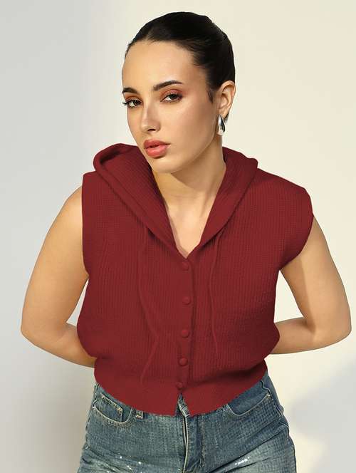 women maroon solid sleeveless hooded crop top - 21941966 -  Standard Image - 0
