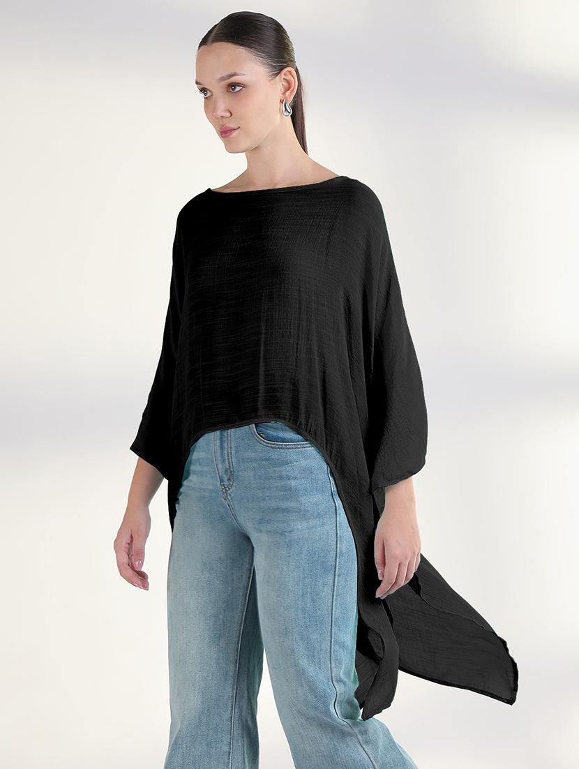 women black solid long sleeve asymmetric top - 21941969 - Standard Image - 3