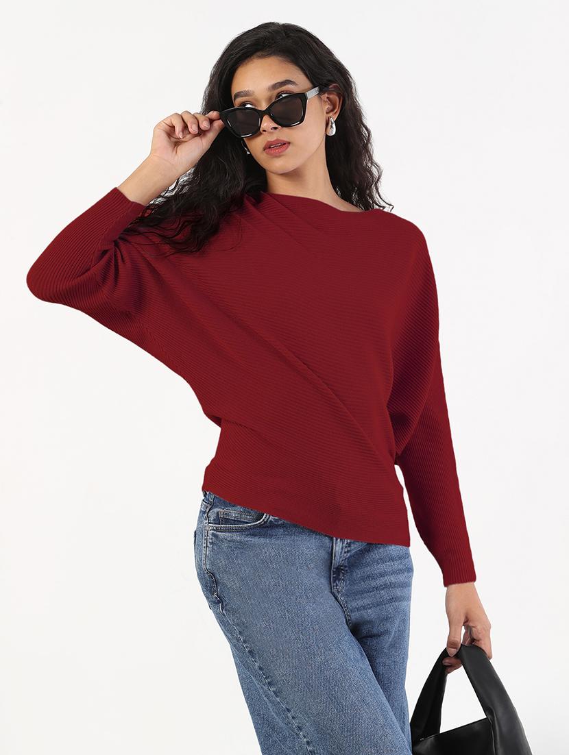 women maroon solid long sleeve regular pullover