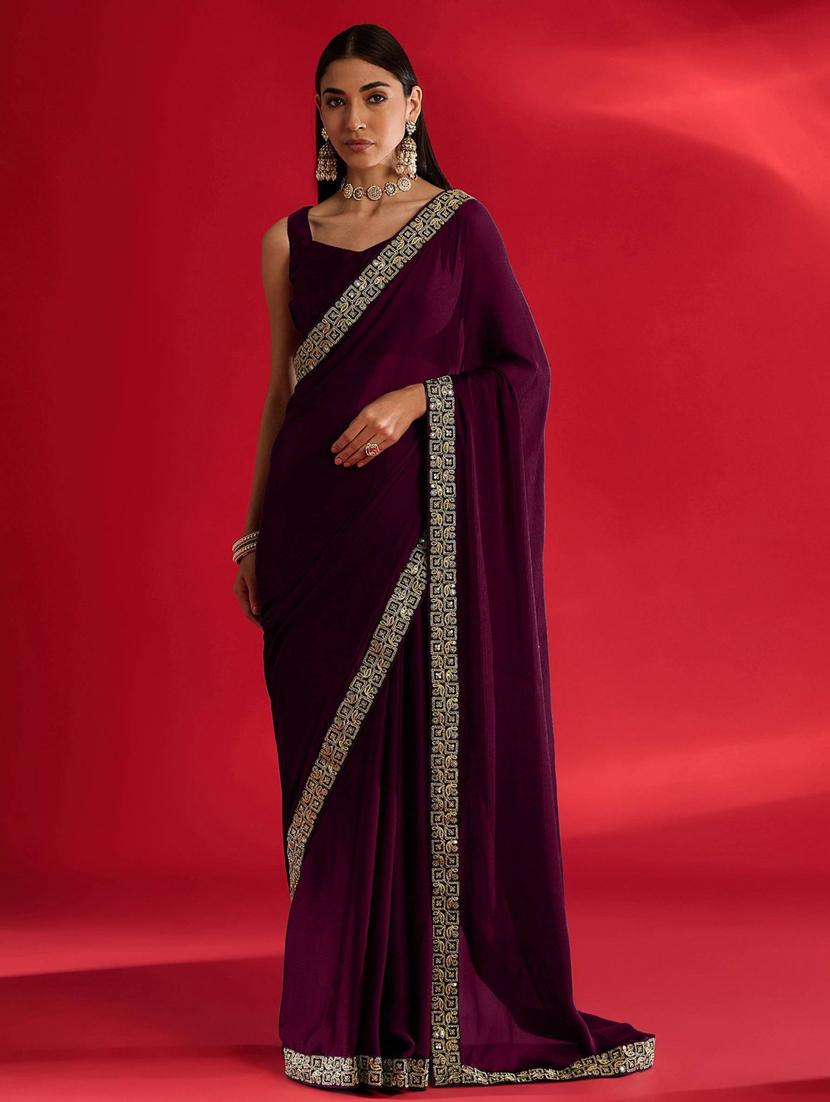 women solid with bordered saree with blouse - 21941986 - Zoom Image - 0